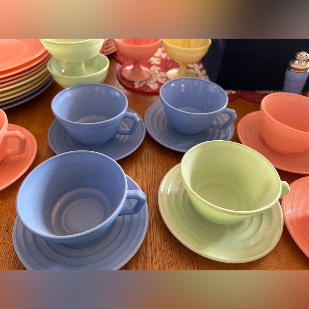 Pastel Colored Dinnerware Teacup and Saucer Set - Blue & Green